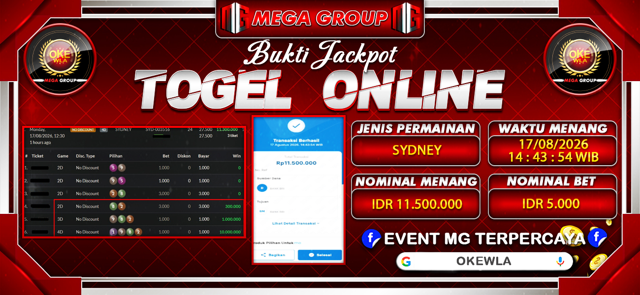 Bukti JP situs Okewla hari Senin, 17 Agustus 2026