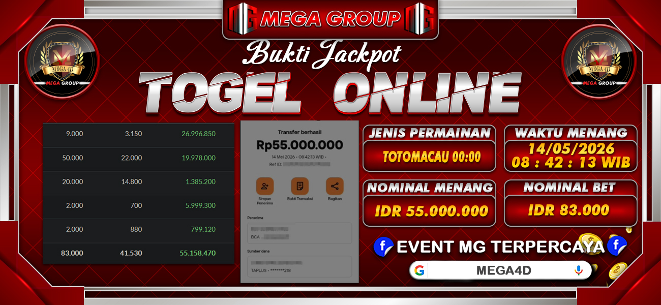 Bukti JP situs Mega4D hari Kamis, 14 Mei 2026