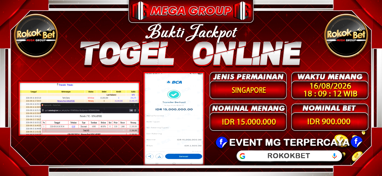 Bukti JP situs Rokokbet hari Minggu, 16 Agustus 2026